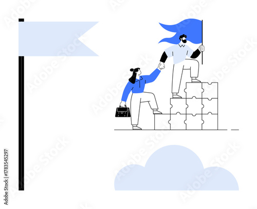 Two professionals collaborating, climbing puzzle blocks with a flag symbolizing success. Ideal for teamwork, leadership, goal setting, partnership, mentoring, strategy and achievement. Simple flat
