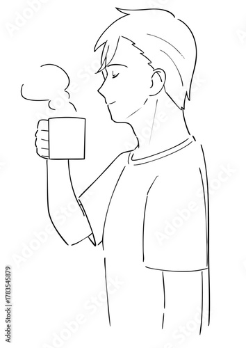 コーヒーを飲む男性の白黒イラスト