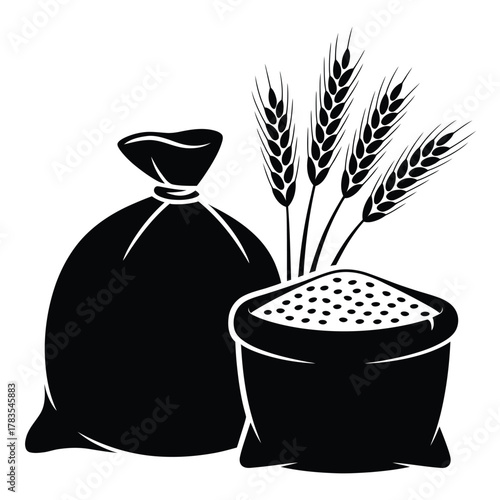 Black and white illustration of a sack of grain and wheat stalks