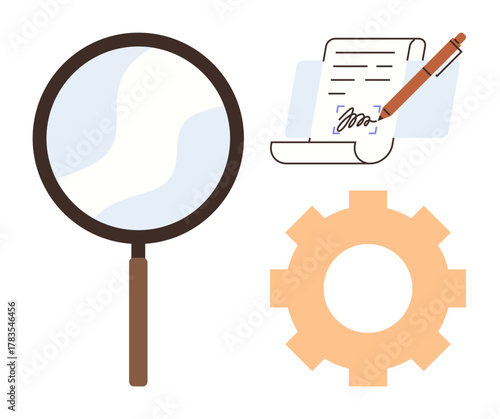 Magnifying glass, signed document with pen, and gear symbolizing research, organization, auditing, workflow. Ideal for analysis, contracts, management teamwork optimization compliance simple flat