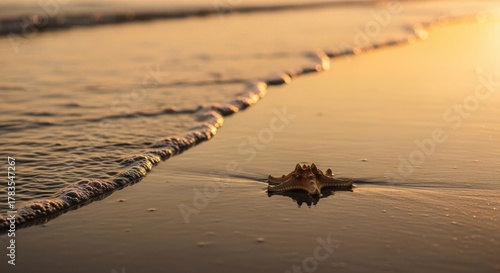 Fototapeta Naklejka Na Ścianę i Meble -  A starfish on the beach is being washed by the sea at sunset, creating a beautiful and peaceful scene of natures beauty