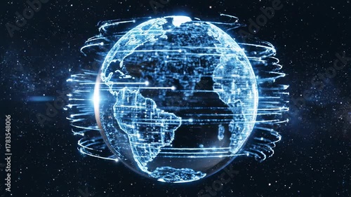 Wallpaper Mural Digital illustration of a glowing blue globe with futuristic lines and circuits on a starry night background, conveying a sense of technology and global connectivity. Torontodigital.ca