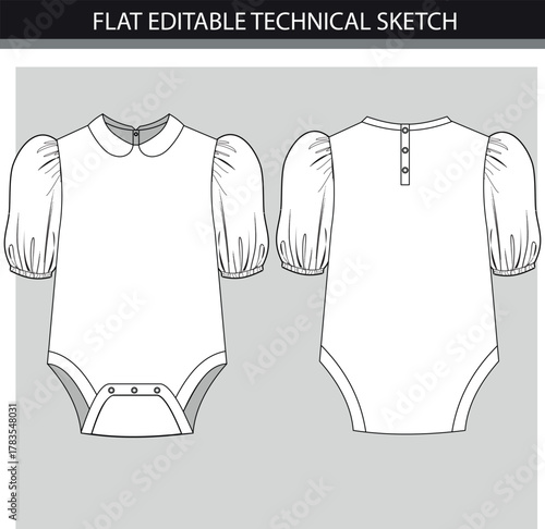 Baby bodysuit technical fashion illustration with long sleeves, oversized body, knee length. Flat apparel template front, back, white color style. CAD mockup