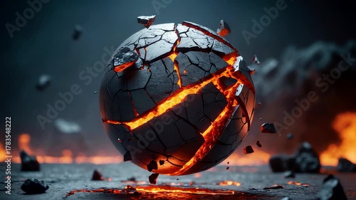 Glowing cracked sphere floating over molten ground surrounded by fire and smoke in a dark volcanic landscape with dramatic lighting
