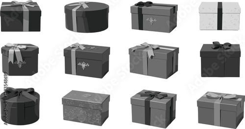 Collection of twelve unique gift boxes with ribbons and bows, festive packaging designs, holiday celebration presents, flat vector CAD illustration