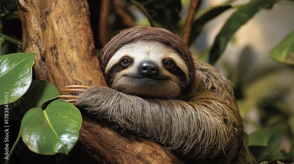 Fototapeta premium A sloth hangs from a branch, surrounded by green leaves. Background for nature, animals, relaxation themes.