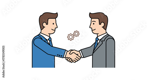 Two men in suits shake hands, with gears above them