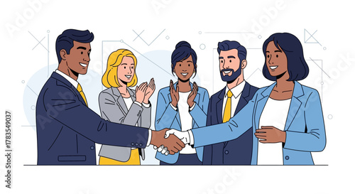 Diverse professionals in business attire shake hands, symbolizing partnership and success