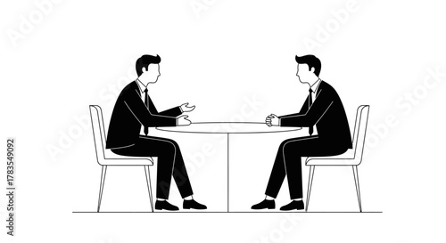 Two men in suits sit at a round table, facing each other, in discussion