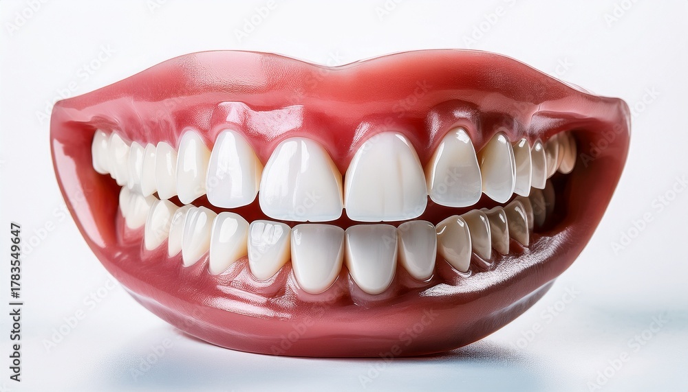 Obraz premium dental prosthesis displaying aligned white teeth healthy pink gums against white background representing professional oral healthcare restoration