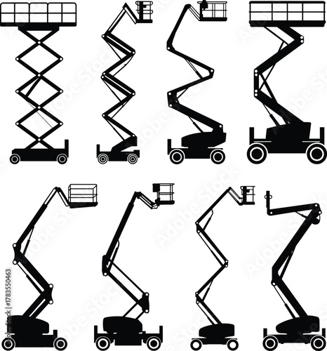 Aerial work platform silhouettes, black and white design, boom lifts, scissor lifts, mobile elevating platforms, construction equipment, industrial access, safety machinery