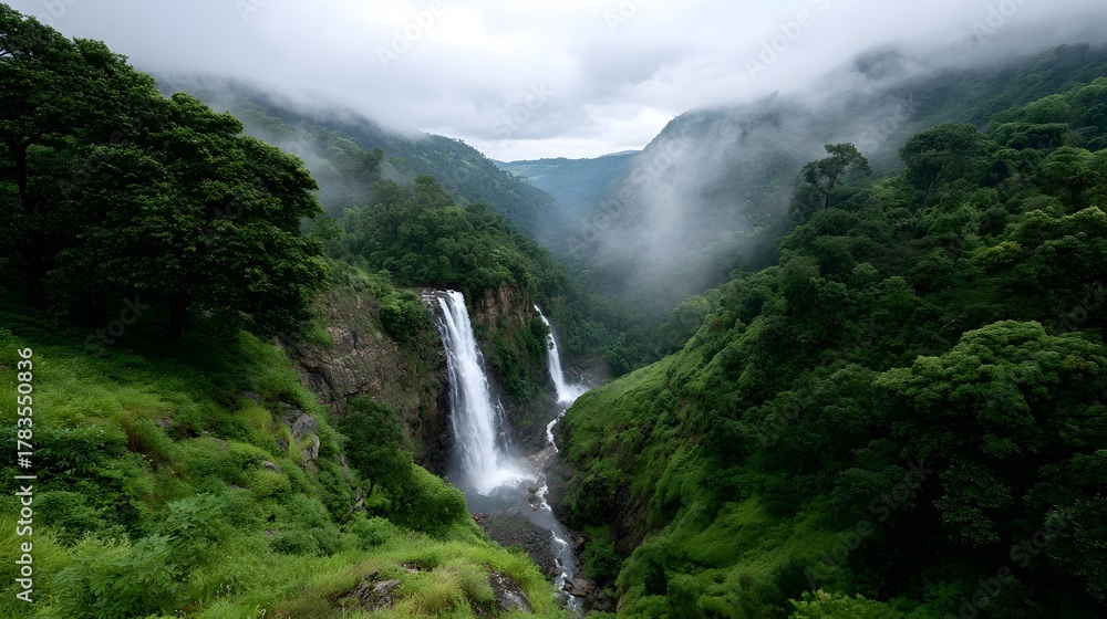Fototapeta premium A majestic double waterfall cascades down lush green cliffs enveloped in mist set within a dramatic mountain valley