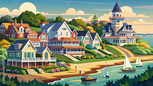 Very beautiful Oak Bluffs scenery on Martha’s Vineyard, Massachusetts, featuring coastal views, classic New England architecture, gentle shoreline, and soft natural light in a realistic documentary-st