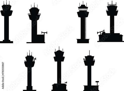 Air traffic control tower silhouettes, airport architecture, aviation infrastructure, radar tower design, flight management, aircraft navigation, minimal vector illustration, 