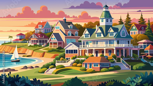 Very beautiful Oak Bluffs scenery on Martha’s Vineyard, Massachusetts, featuring coastal views, classic New England architecture, gentle shoreline, and soft natural light in a realistic documentary-