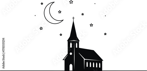 Church silhouette under a crescent moon and stars in a night time scene