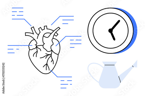 Human heart diagram with data points, clock symbolizing time, and a watering can for nurturing. Ideal for heart health, self-care, time management, medical analysis, wellness, preventive care simple