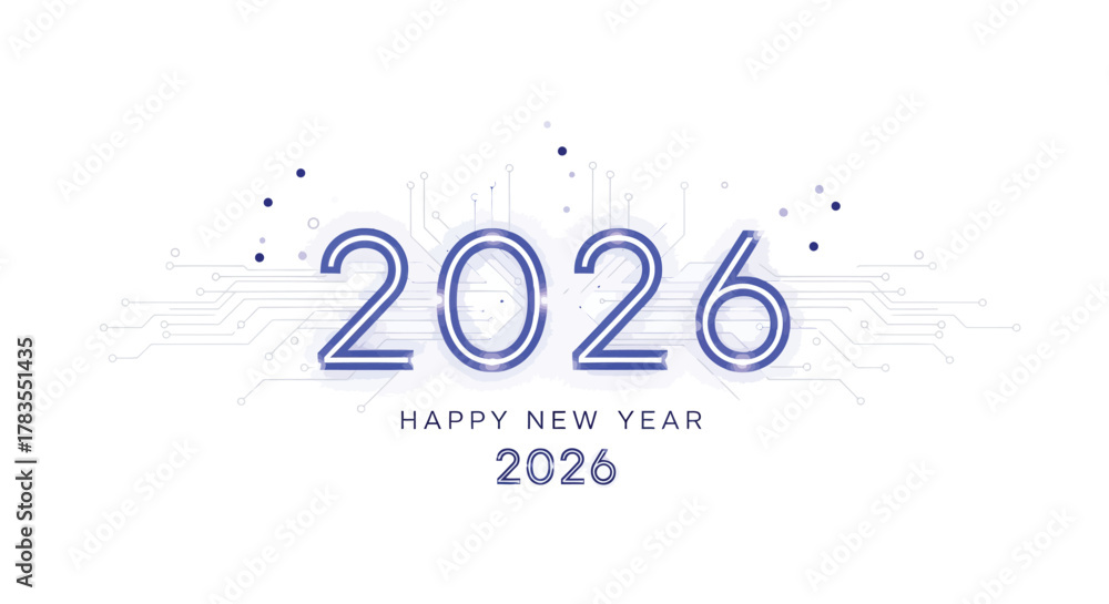 Obraz premium Happy new year 2026 with futuristic digital circuit board design and glowing blue numbers on white background