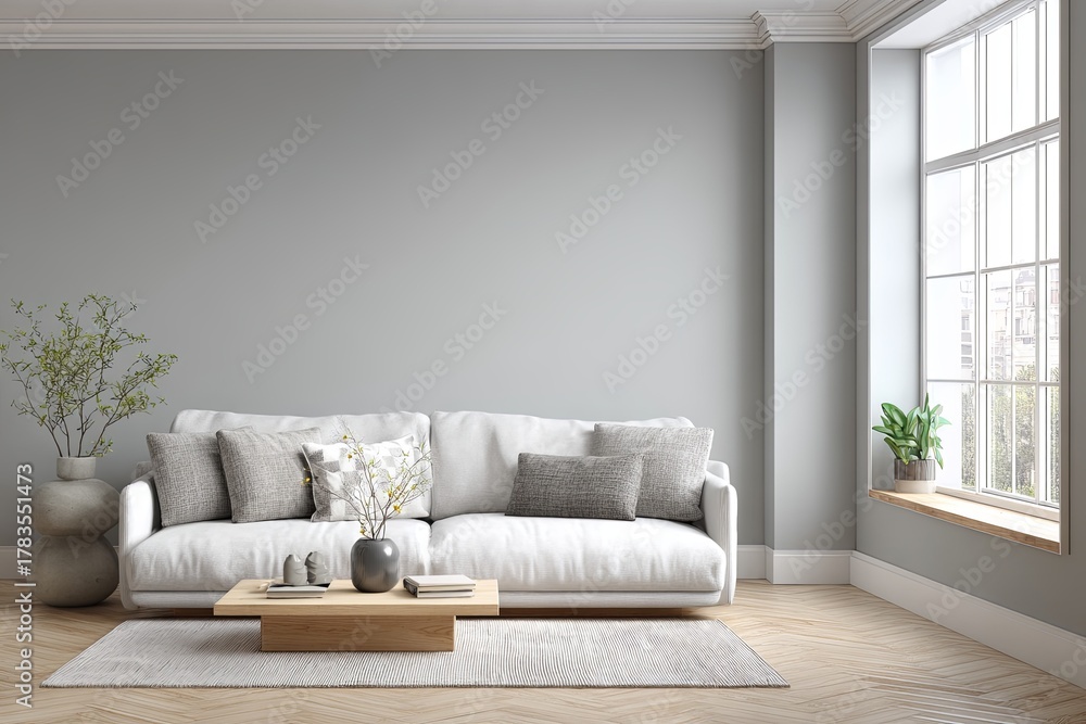 Fototapeta premium Contemporary living room interior design featuring comfortable seating and natural light
