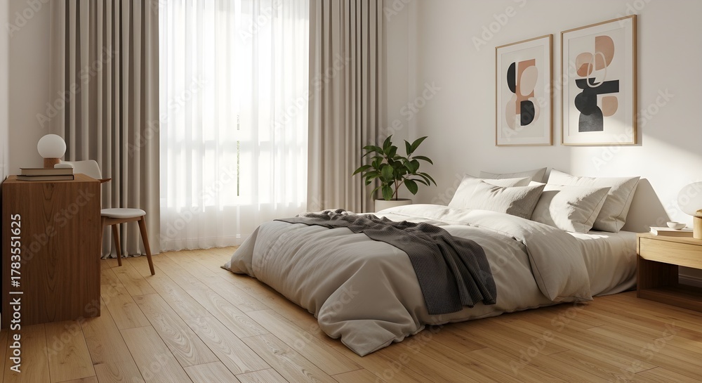 Fototapeta premium Modern Bedroom Interior Design with Natural Light, Cozy Bedding, and Abstract Art
