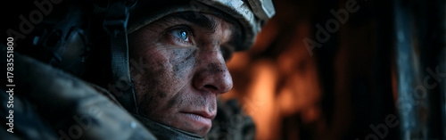 A soldier's intense and vigilant gaze, his face marked by the rigors of combat and strategic awareness, enduring the harsh realities of conflict and demanding operational conditions