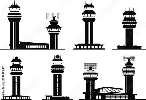 Airport control tower vector illustrations, black silhouette artwork, aviation architecture, radar and antenna details, air traffic infrastructure, modern tower design, flight safety concept