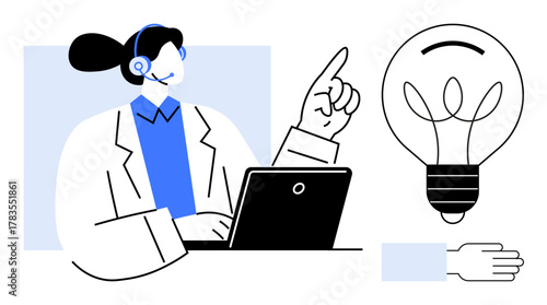 Female customer service agent wearing a headset, pointing upward while working on a laptop. Light bulb signifies innovation and creativity. Ideal for customer service, teamwork, problem-solving, idea