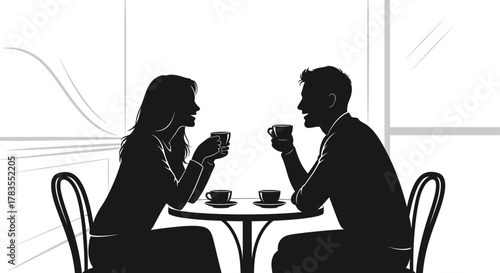Silhouettes of a couple enjoying coffee at a table indoors