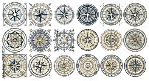 Vintage Compass Rose Vector Set – Nautical Navigation Map Symbols and Decorative Wind Direction Designs