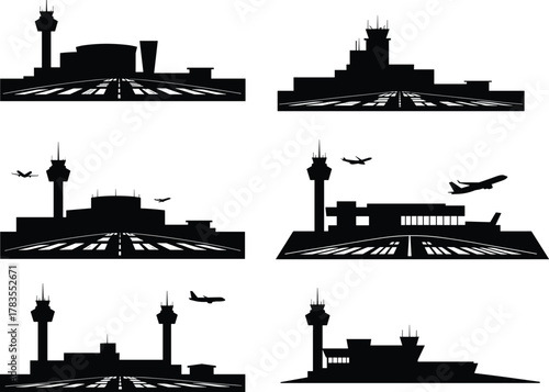 Airport runway silhouette, control tower design, aviation infrastructure, airplane takeoff, travel hub, global transport, terminal layout, flight path, skyline, jet, architecture, minimal style
