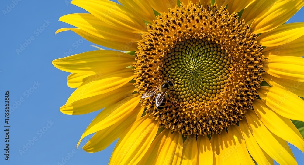 Obraz premium Vibrant Sunflower with Bee Against a Clear Blue Sky.