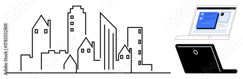 Black-and-white city skyline beside a laptop with an open user interface. Ideal for urban development, smart cities, innovation, technology, communication, virtual planning, modern design. A simple