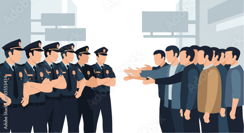 Police officers facing a group of civilians in a tense standoff.