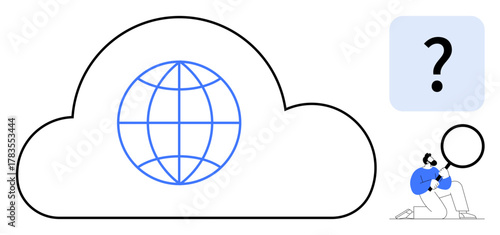 Large cloud with embedded globe, person holding magnifying glass, blue question mark rectangle. Ideal for connectivity, cloud storage, data analysis, research, exploration, technology curiosity
