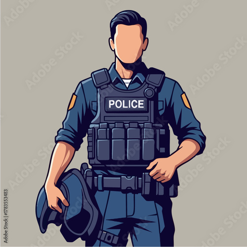 Police Officer in Uniform with Protective Gear and Helmet.