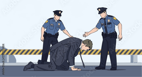Man on knees being apprehended by police officers in a public area.