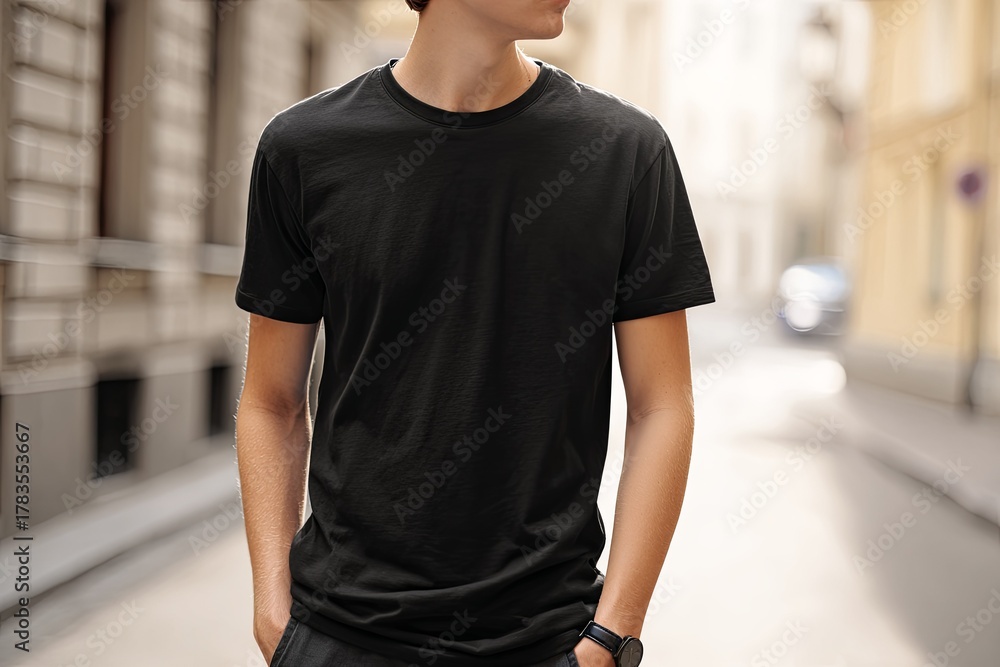 Fototapeta premium Person wearing plain black casual top standing outdoors on a sunlit narrow street