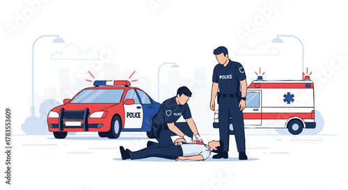 Emergency responders providing medical assistance to an injured person on the ground.