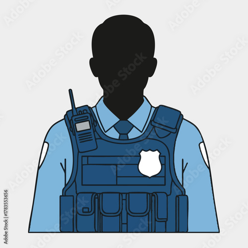 Police officer in uniform with a radio and protective vest, ready for duty.