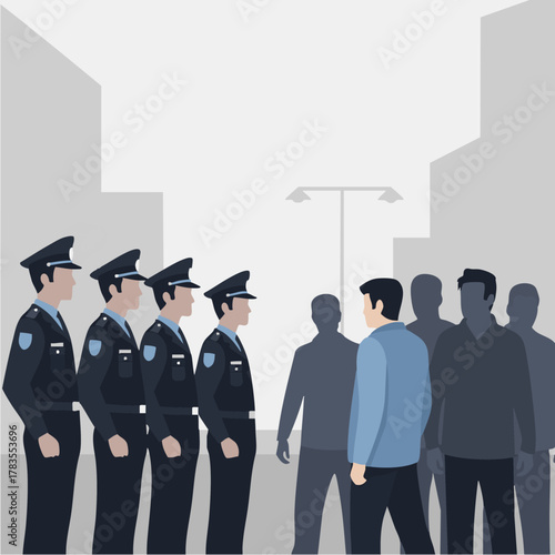 Police officers stand facing a group of people in a tense standoff situation.