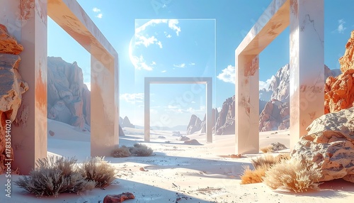 Surreal digital art of desert landscape. Square portals float, framing sky & distant mountains. Light reveals textured rocks, scrub, and a vast expanse