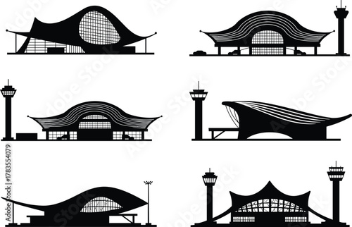 Airport terminal silhouette, air traffic control tower, aviation infrastructure, modern architecture, travel hub, global transport, runway design, skyline, airplane, infrastructure, minimal style