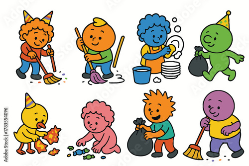 Cute cartoon children cleaning up and tidying their room after a party