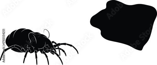 Black silhouette of spider mite and abstract blob shape isolated on white background for pest control and biology vector design