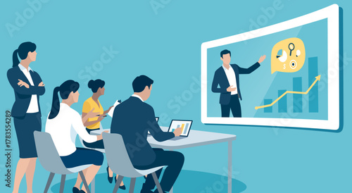 Teleconferencing. Network communication. The team works over the network. Business vector illustration.