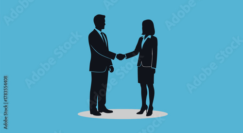 Two silhouetted business people shake hands against a blue background