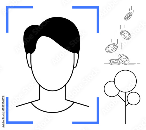 Minimalist outline of a human portrait framed by square brackets alongside coins falling and a tree. Ideal for finance, growth, profile creation, sustainability, savings, investment, environmental