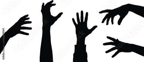 Black Silhouettes of Expressive Human Hands in Gesturing, Reaching, and Grasping Poses on White Background for Symbolic Vector Design