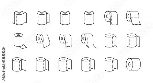 Collection of simple linear outline icons representing toilet paper rolls in various orientations and states of unrolling, perfect for web, books, cards, and apps, editable stroke vector cartoon