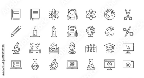 Modern thin line editable vector icons set for education, school subjects, supplies, science, and online learning, featuring books, atoms, backpacks, globes, scissors, pencils, beakers, microscopes